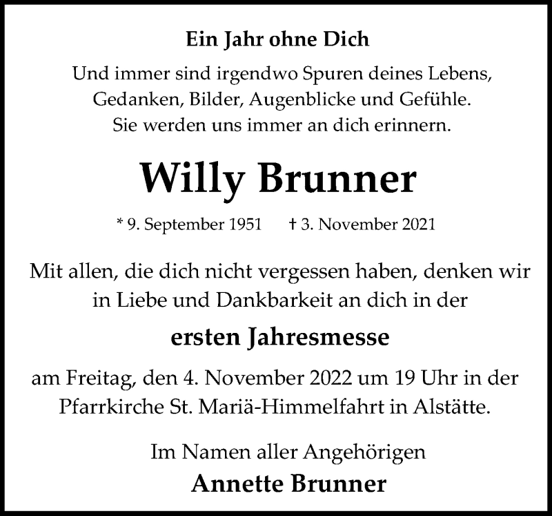  Traueranzeige für Willy Brunner vom 29.10.2022 aus 