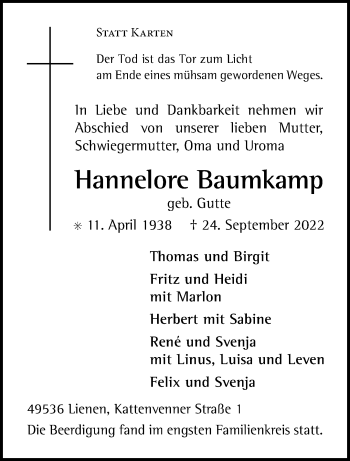 Anzeige von Hannelore Baumkamp 