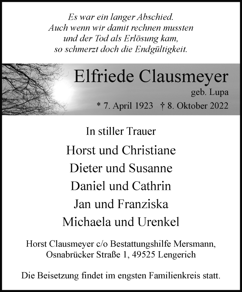  Traueranzeige für Elfriede Clausmeyer vom 15.10.2022 aus 