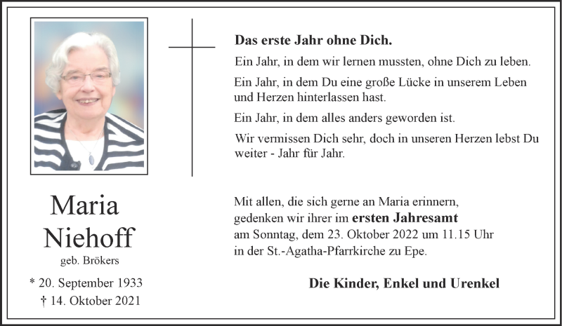  Traueranzeige für Maria Niehoff vom 15.10.2022 aus 