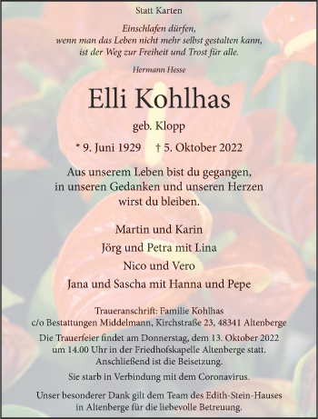 Anzeige von Elli Kohlhas 