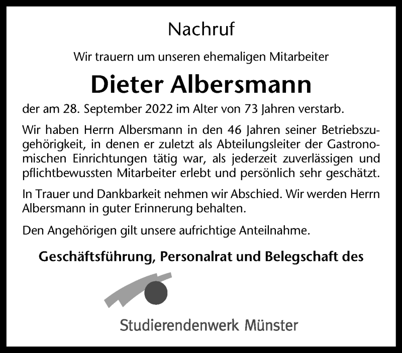  Traueranzeige für Dieter Albersmann vom 08.10.2022 aus 