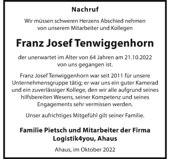Anzeige von Franz Josef Tenwiggenhorn 