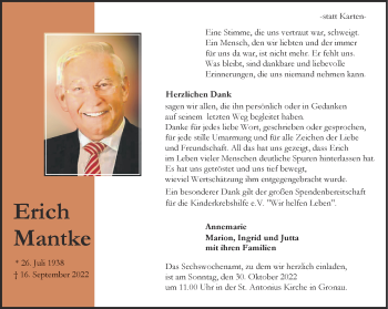 Anzeige von Erich Mantke 