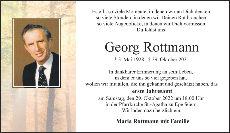  Traueranzeige für Georg Rottmann vom 26.10.2022 aus 