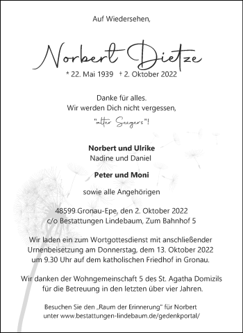 Anzeige von Norbert Dietze 