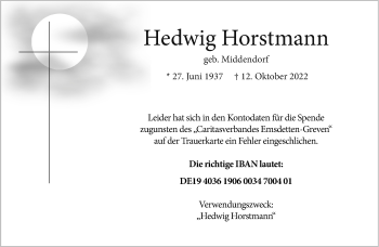Anzeige von Hedwig Horstmann 
