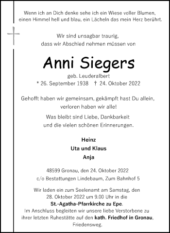 Anzeige von Anni Siegers 