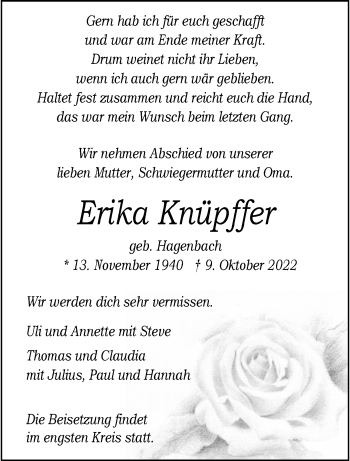 Anzeige von Erika Knüpffer 