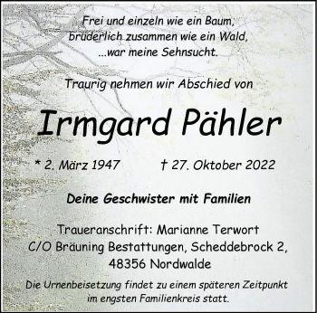 Anzeige von Irmgard Pähler 