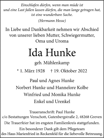 Anzeige von Ida Hunke 