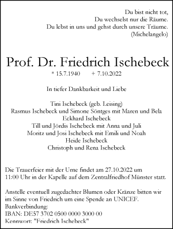 Anzeige von Friedrich Ischebeck 