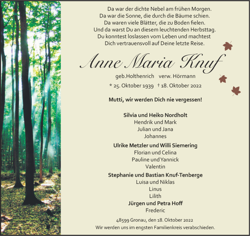  Traueranzeige für Anne Maria Knuf vom 22.10.2022 aus 