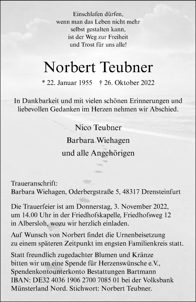  Traueranzeige für Norbert Teubner vom 29.10.2022 aus 