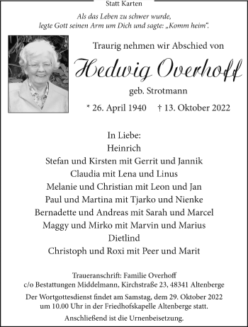Anzeige von Hedwig Overhoff 