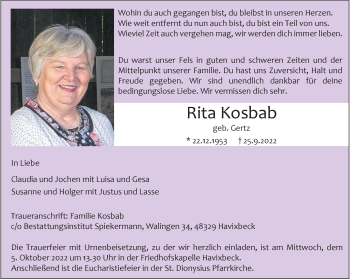 Anzeige von Rita Kosbab 