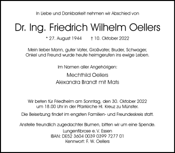 Anzeige von Dr. Ing. Friedrich Wilhelm Oellers 