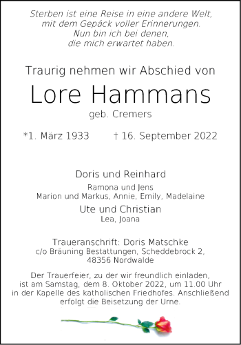 Anzeige von Lore Hammans 