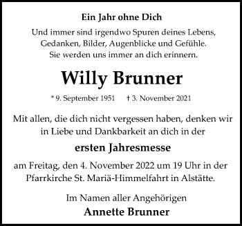 Anzeige von Willy Brunner 