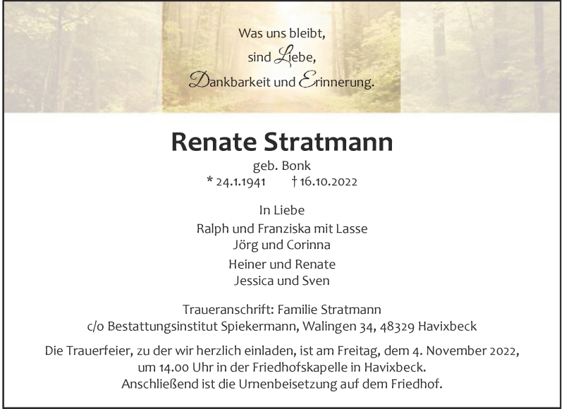  Traueranzeige für Renate Stratmann vom 29.10.2022 aus 