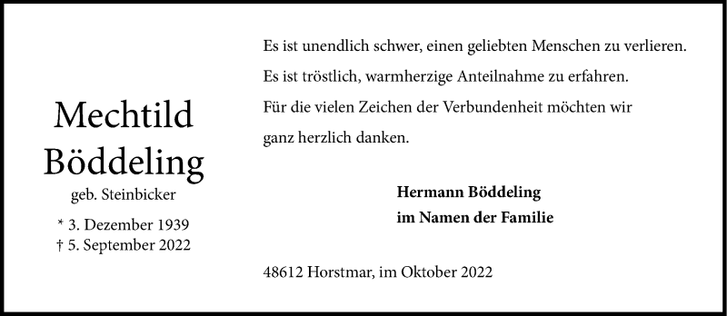  Traueranzeige für Mechtild Böddeling vom 29.10.2022 aus 