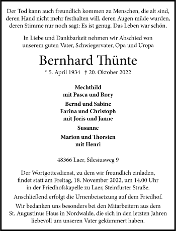 Anzeige von Bernhard Thünte 