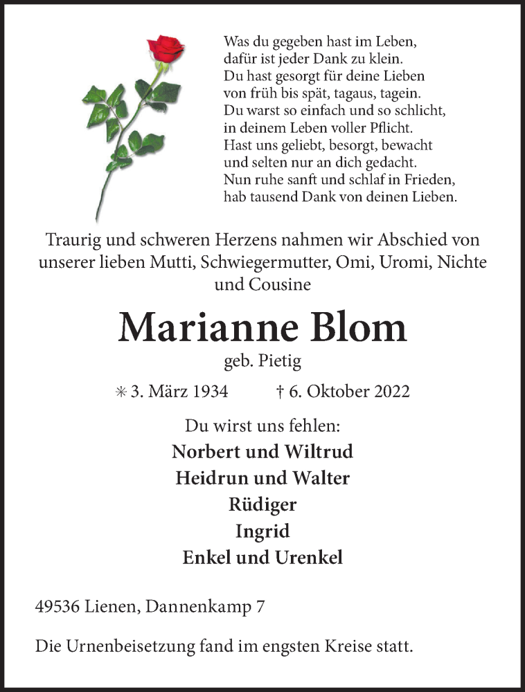  Traueranzeige für Marianne Blom vom 22.10.2022 aus 