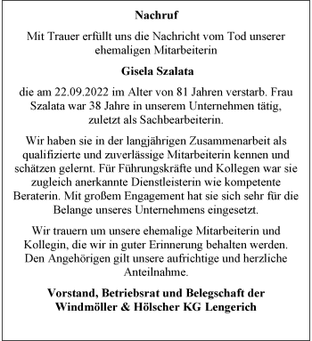 Anzeige von Gisela Szalata 