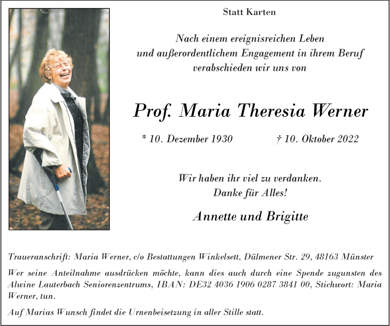  Traueranzeige für Maria Theresia Werner vom 15.10.2022 aus 