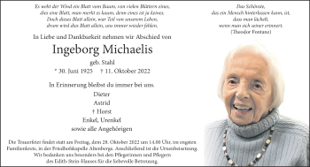 Anzeige von Ingeborg Michaelis 