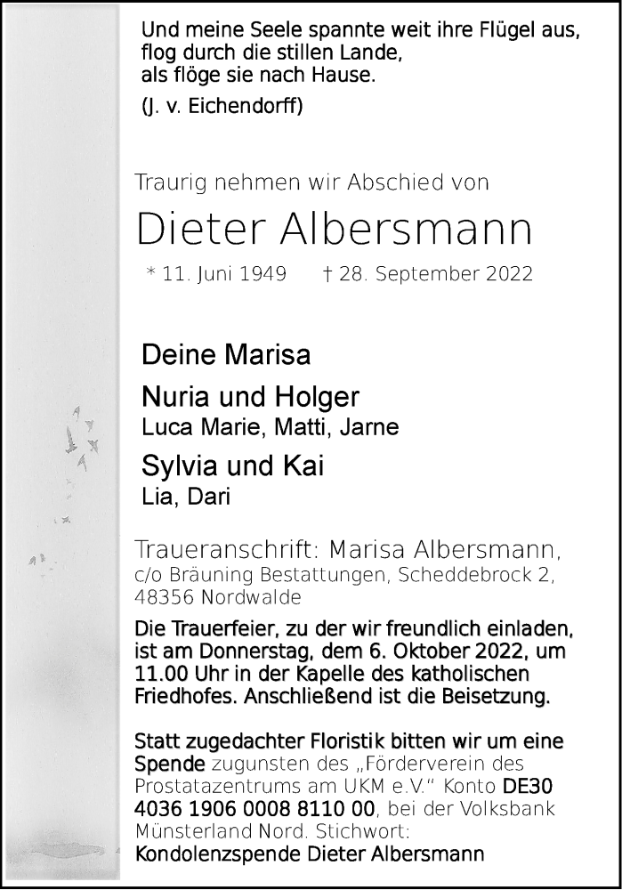  Traueranzeige für Dieter Albersmann vom 01.10.2022 aus 