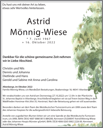 Anzeige von Astrid Mönnig-Wiese 