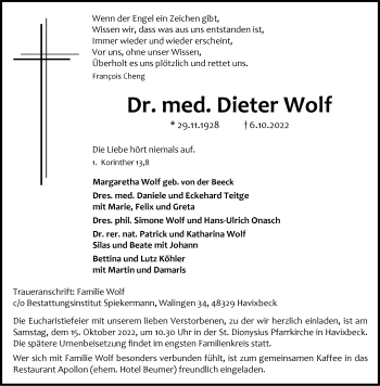 Anzeige von Dieter Wolf 