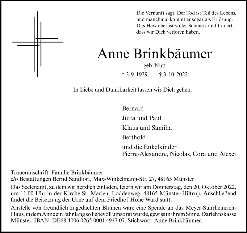  Traueranzeige für Anne Brinkbäumer vom 15.10.2022 aus 