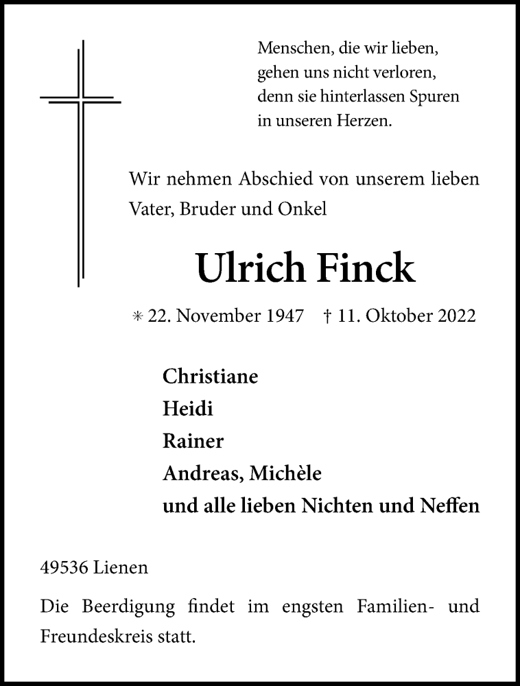  Traueranzeige für Ulrich Finck vom 22.10.2022 aus 