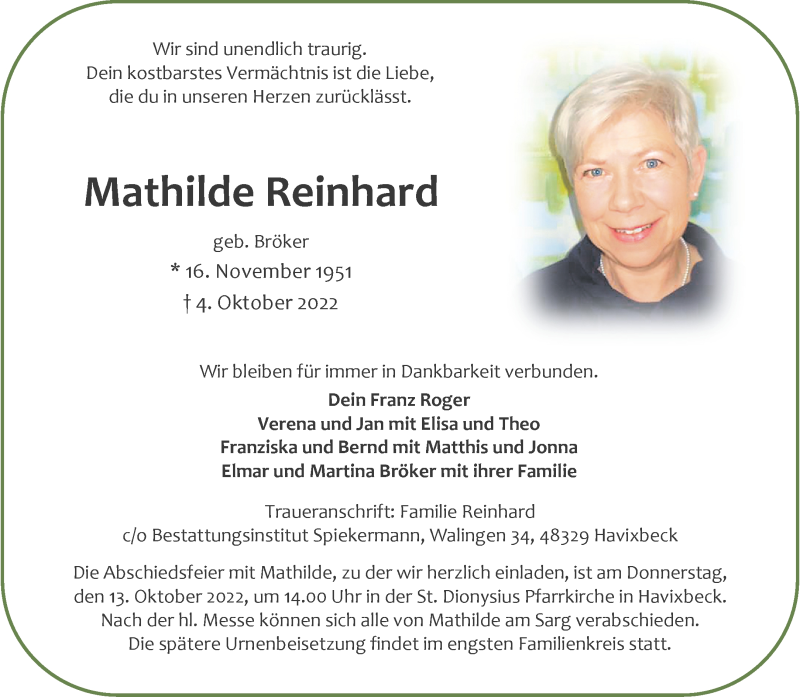  Traueranzeige für Mathilde Reinhard vom 08.10.2022 aus 