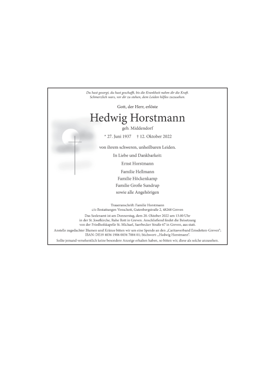 Anzeige von Hedwig Horstmann 