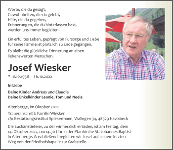 Anzeige von Josef Wiesker 