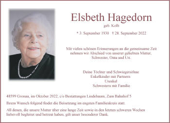 Anzeige von Elsbeth Hagedorn 