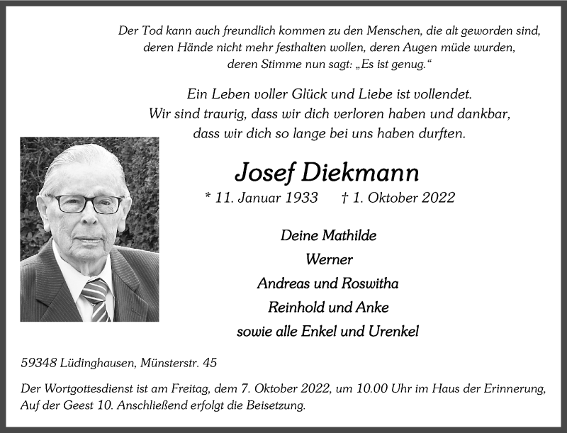  Traueranzeige für Josef Diekmann vom 05.10.2022 aus 