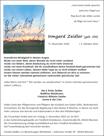 Anzeige von Irmgard Zeidler 
