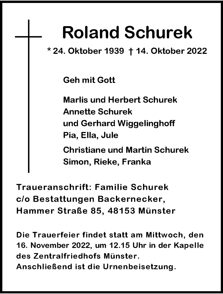  Traueranzeige für Roland Schurek vom 22.10.2022 aus 