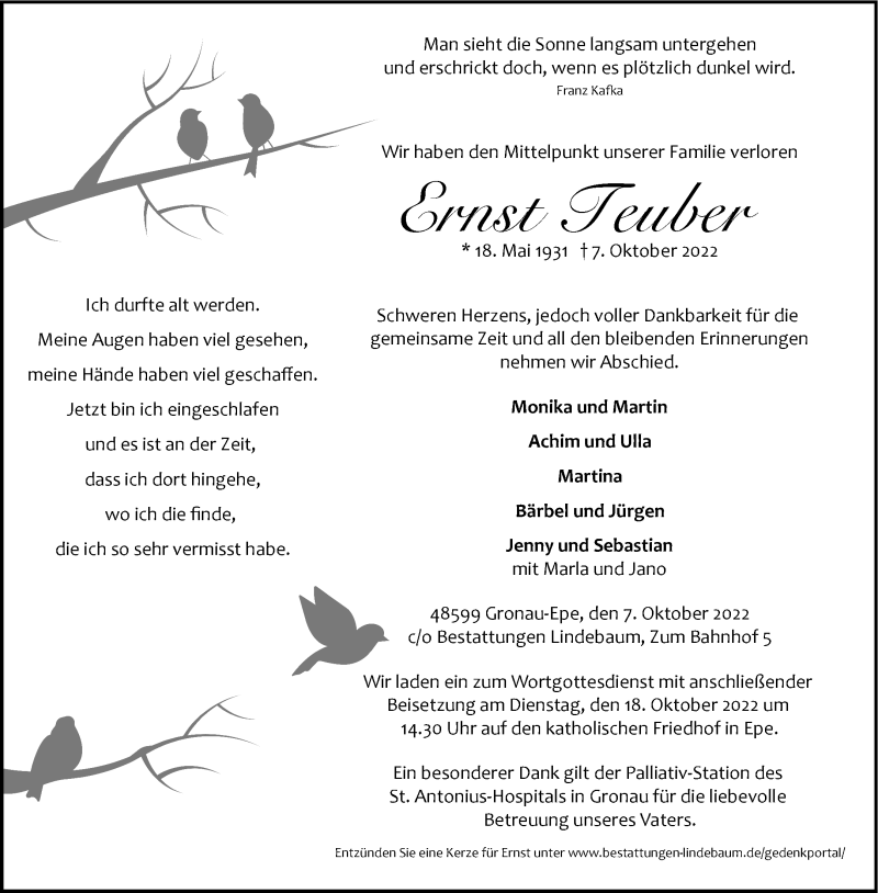  Traueranzeige für Ernst Teuber vom 12.10.2022 aus 