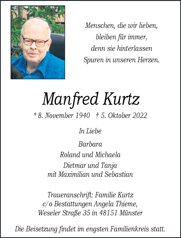  Traueranzeige für Manfred Kurtz vom 08.10.2022 aus 