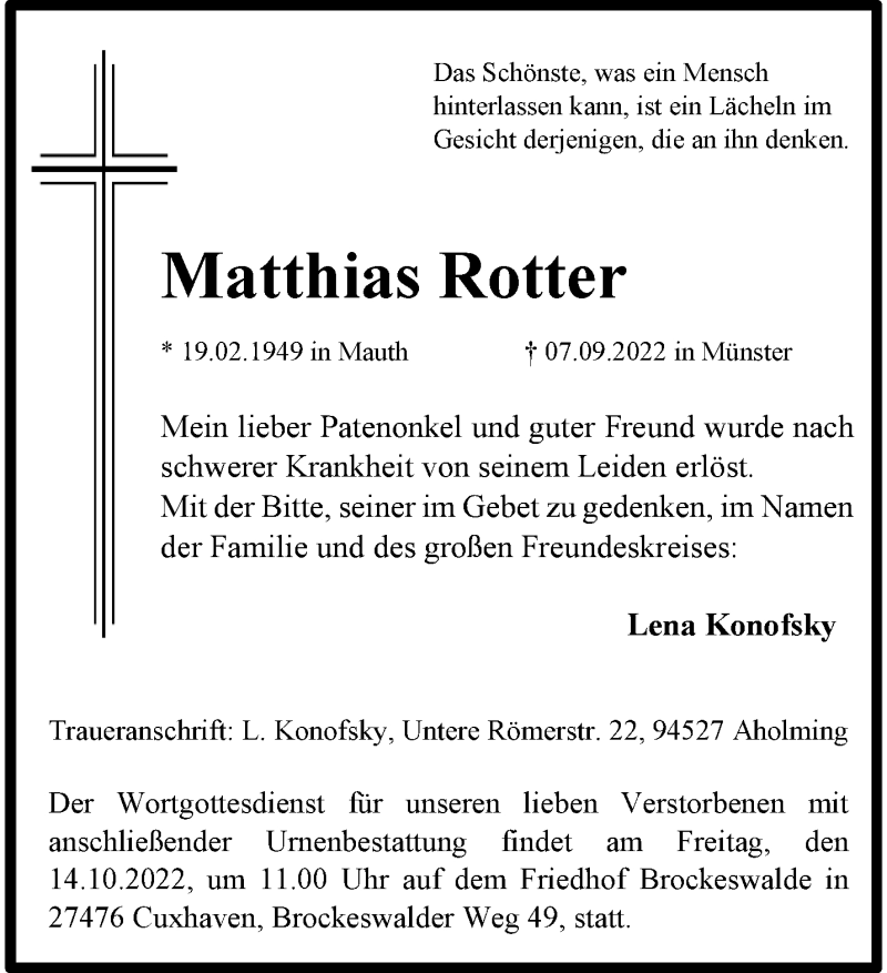  Traueranzeige für Matthias Rotter vom 01.10.2022 aus 