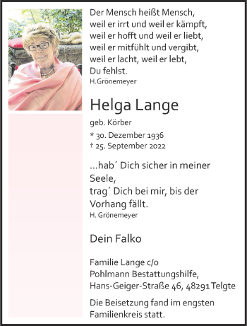 Anzeige von Helga Lange 
