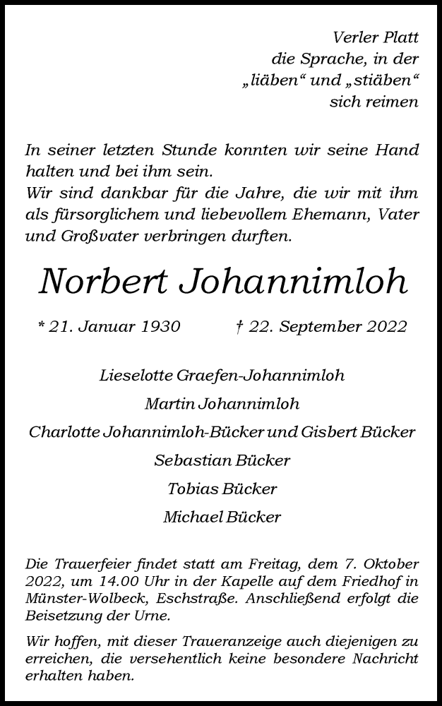  Traueranzeige für Norbert Johannimloh vom 01.10.2022 aus 