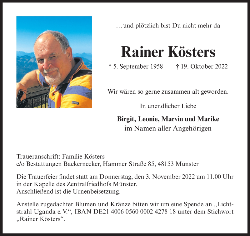  Traueranzeige für Rainer Kösters vom 29.10.2022 aus 