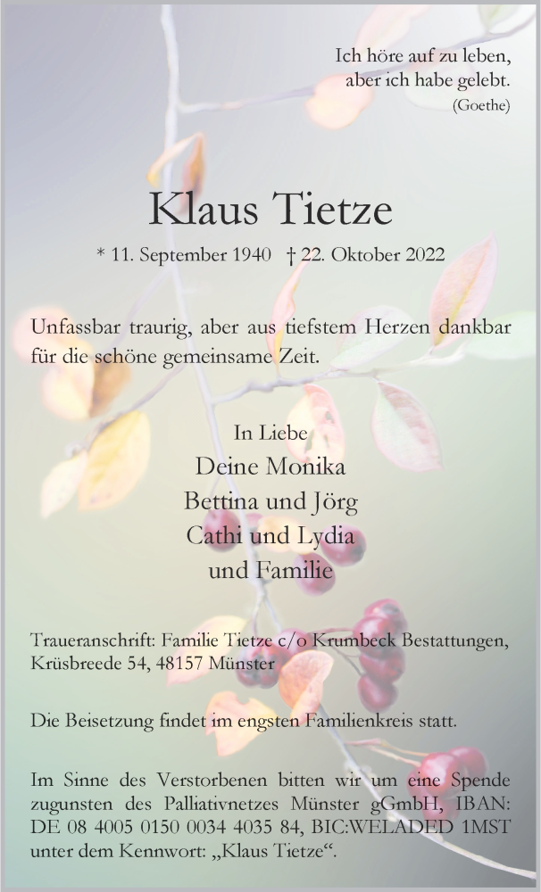  Traueranzeige für Klaus Tietze vom 29.10.2022 aus 