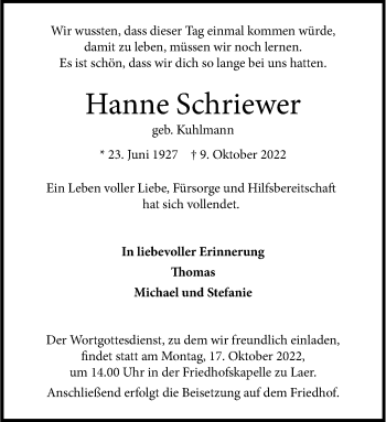 Anzeige von Hanne Schriewer 